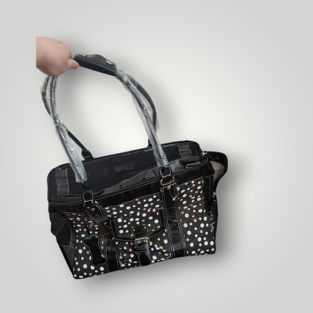East Side Collection Small Pet Carry Bag Tote Black Pink black white poka dot